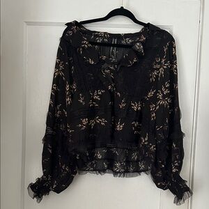 Anthropologie Black and Cream Floral Blouse